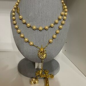 Elegant Gold and Cream Pearl Rosary Necklace size35